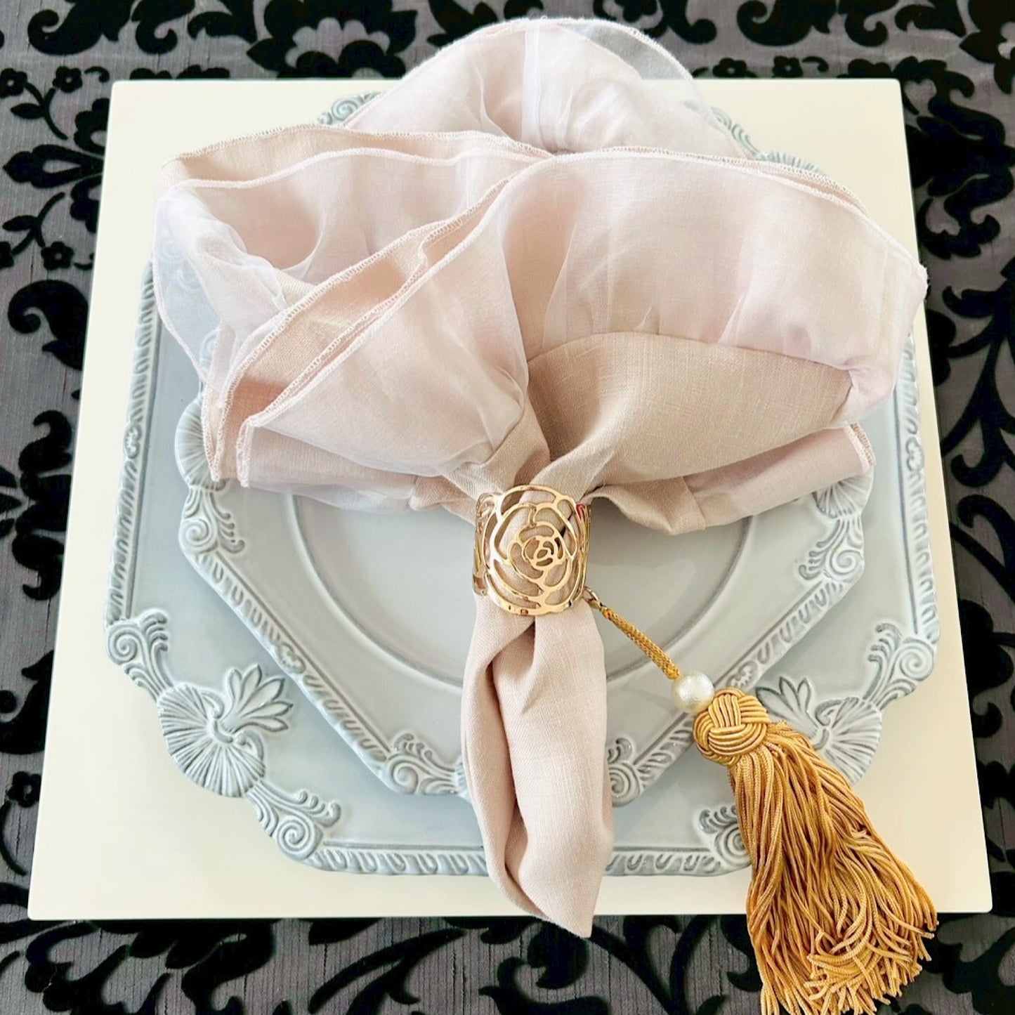 Linen & Silk Frill Napkin with Cotton Pearl Tassel | LA ROSE BLANCHE