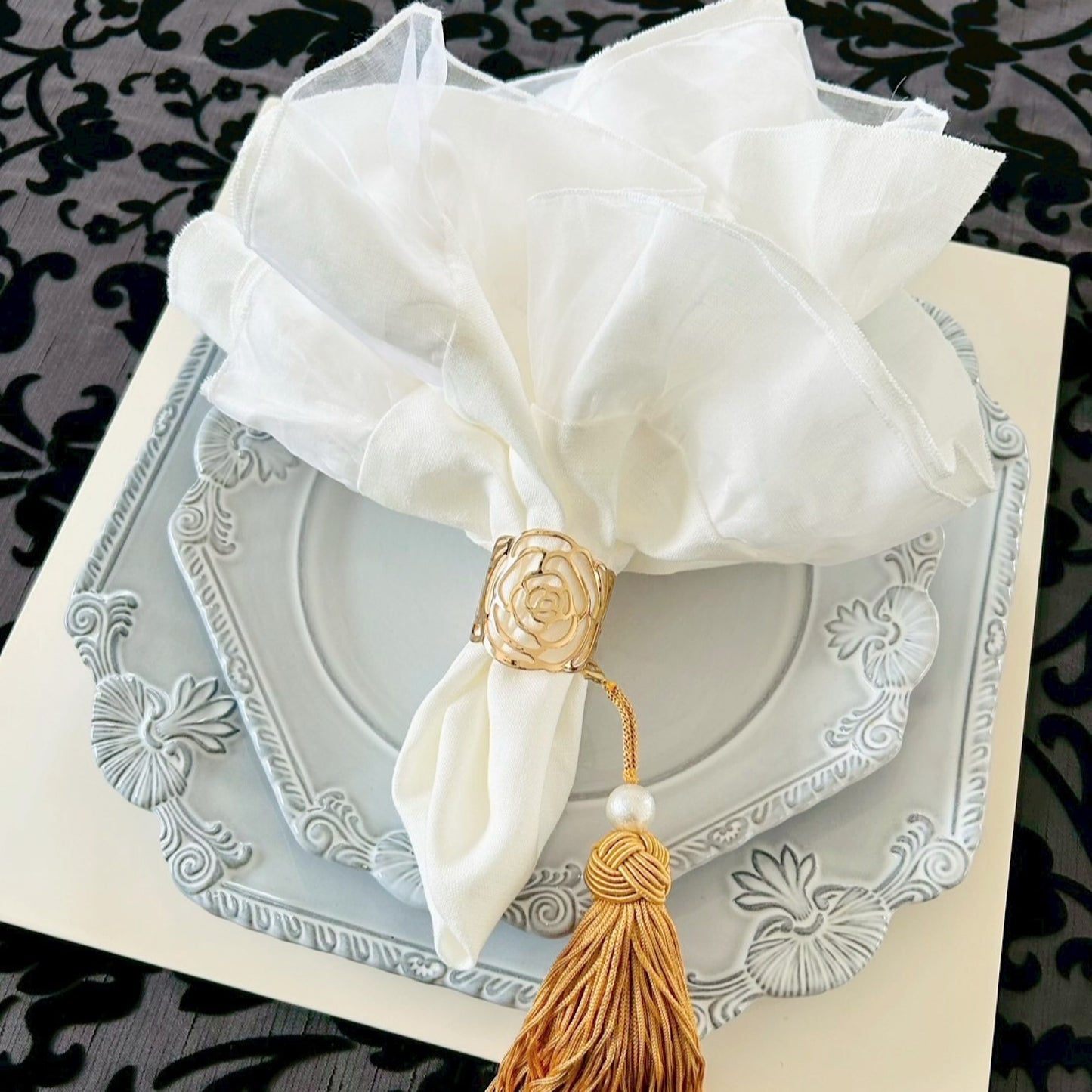 Linen & Silk Frill Napkin with Cotton Pearl Tassel | LA ROSE BLANCHE