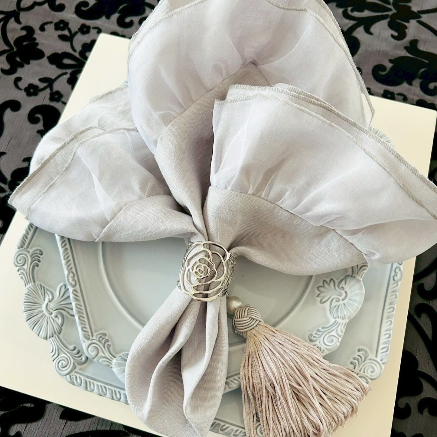 Linen & Silk Frill Napkin with Cotton Pearl Tassel | LA ROSE BLANCHE