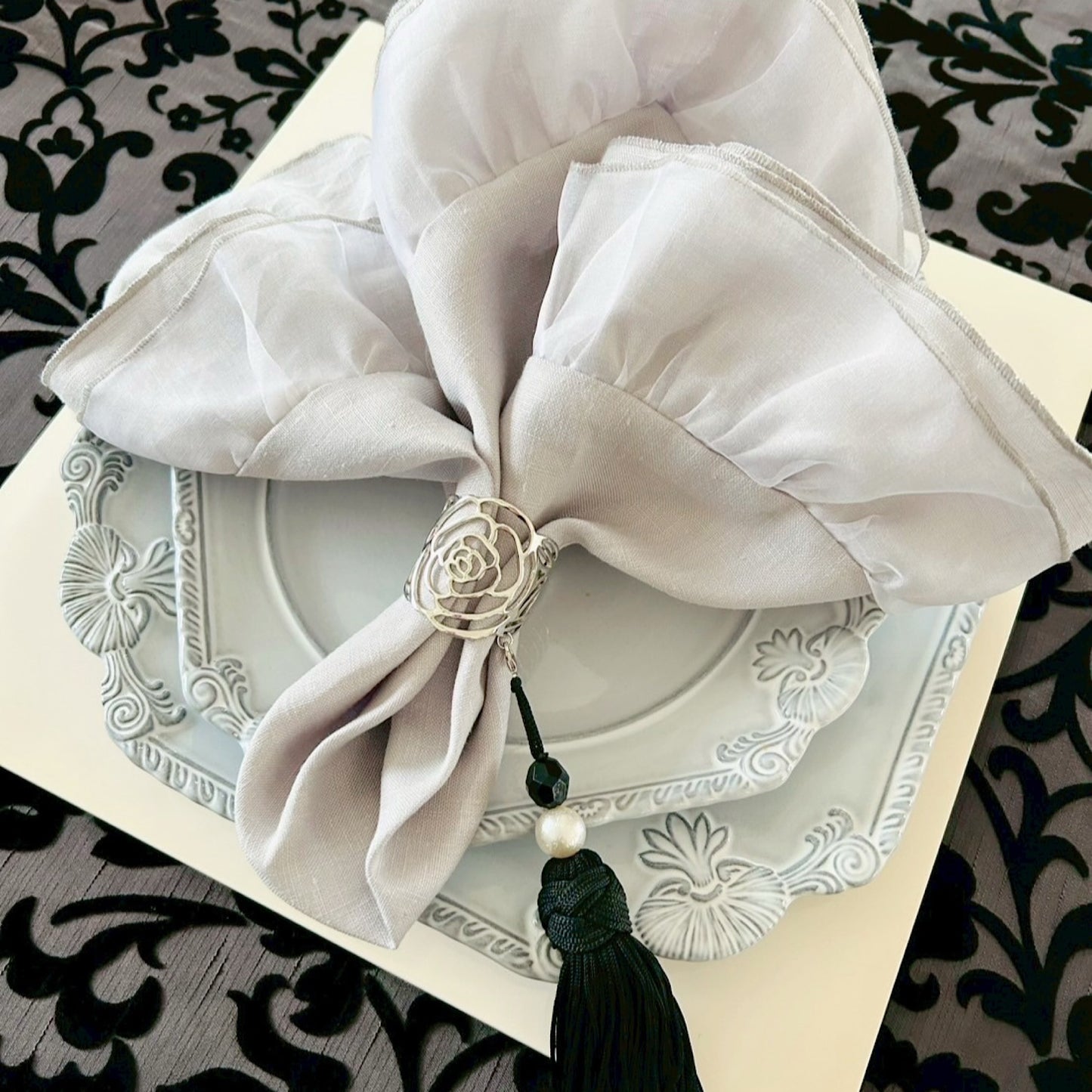 Linen & Silk Frill Napkin with Cotton Pearl Tassel | LA ROSE BLANCHE