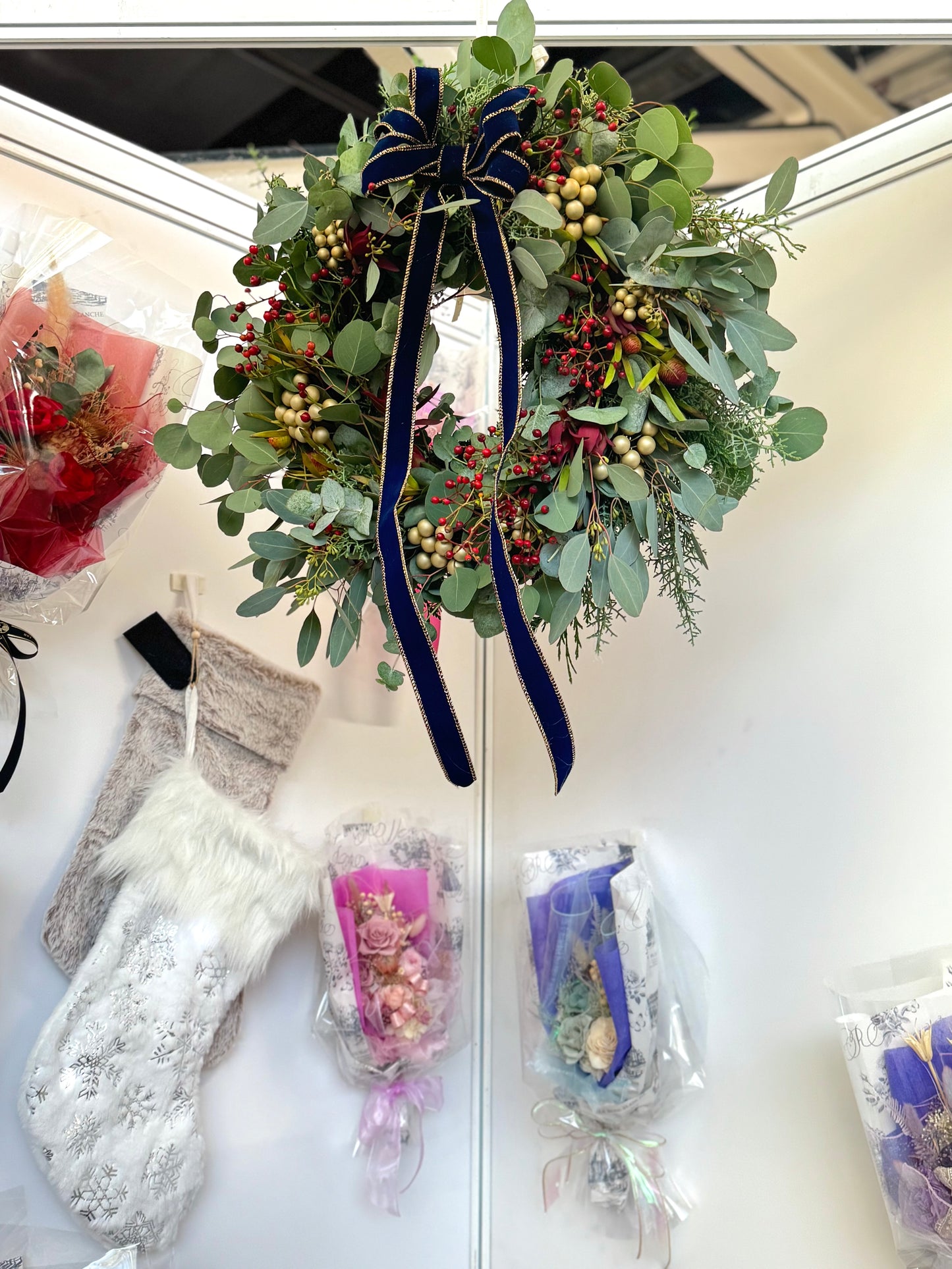 LRB’s Christmas Wreath – Natural Evergreen with Navy Ribbon