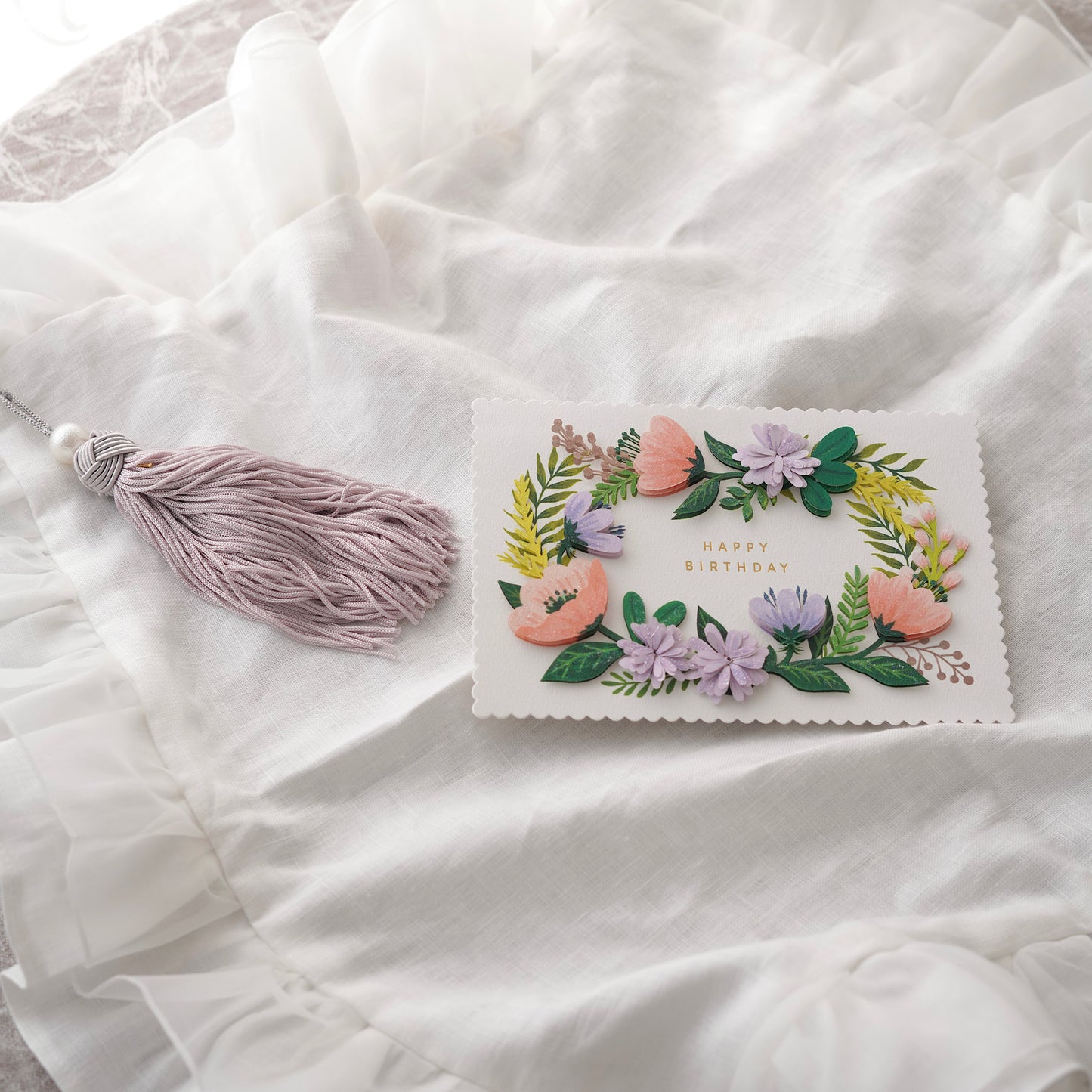 Linen & Silk Frill Napkin with Cotton Pearl Tassel | LA ROSE BLANCHE