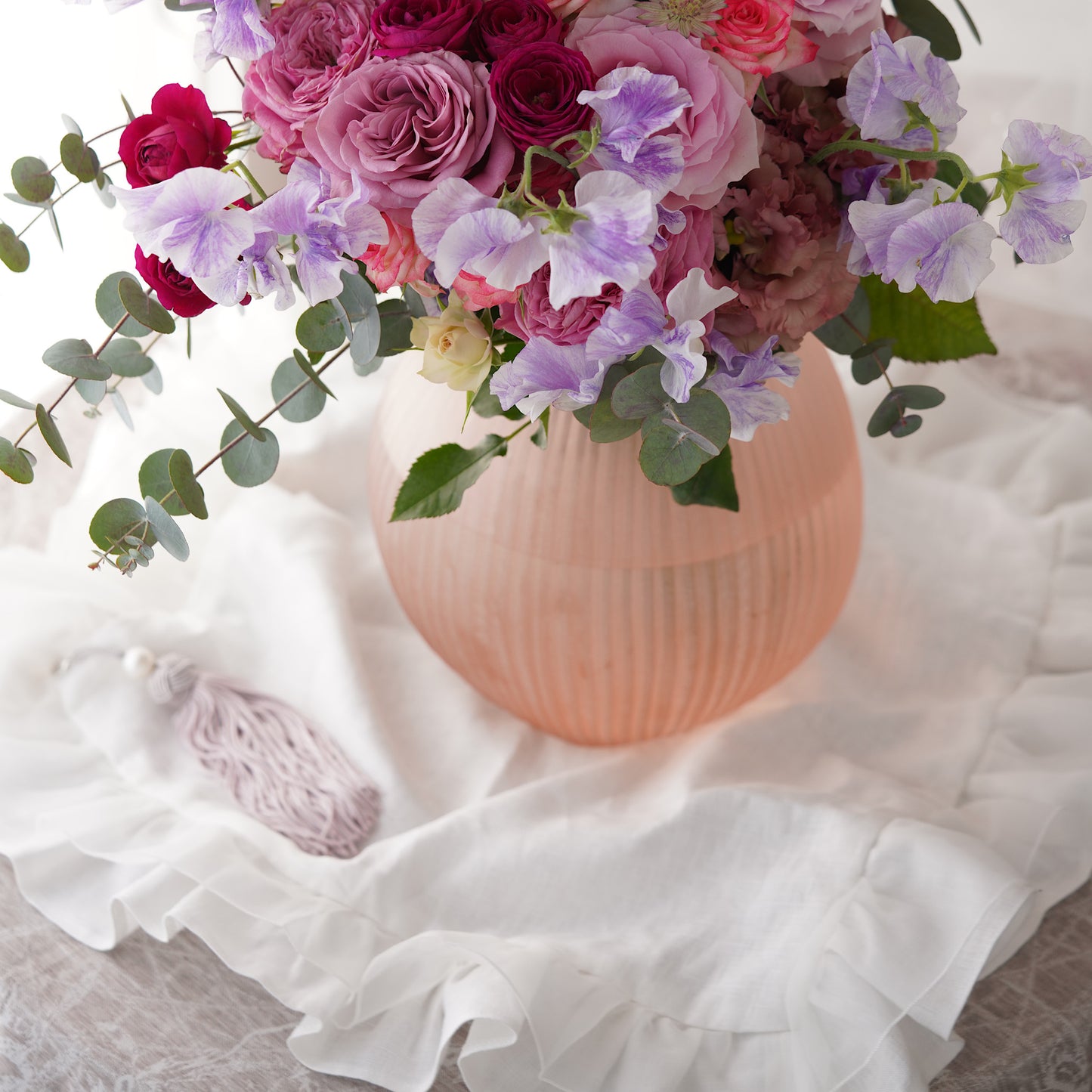 Linen & Silk Frill Napkin with Cotton Pearl Tassel | LA ROSE BLANCHE