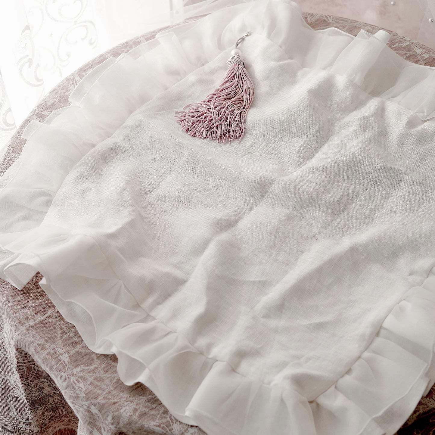 Linen & Silk Frill Napkin with Cotton Pearl Tassel | LA ROSE BLANCHE