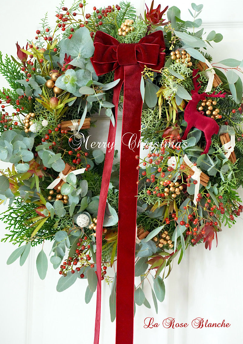 LRB’s Christmas Wreath — Natural Evergreen Elegance with Burgundy Ribbon