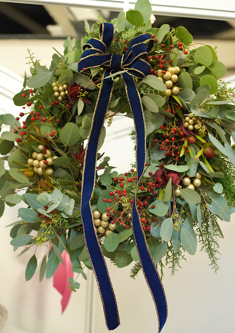 LRB’s Christmas Wreath – Natural Evergreen with Navy Ribbon