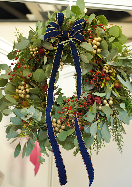 LRB’s Christmas Wreath – Natural Evergreen with Navy Ribbon