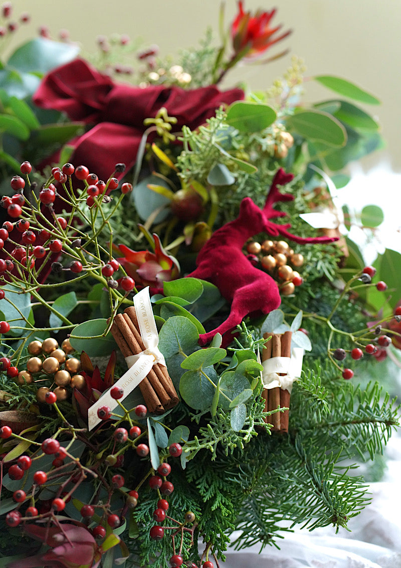 LRB’s Christmas Wreath — Natural Evergreen Elegance with Burgundy Ribbon